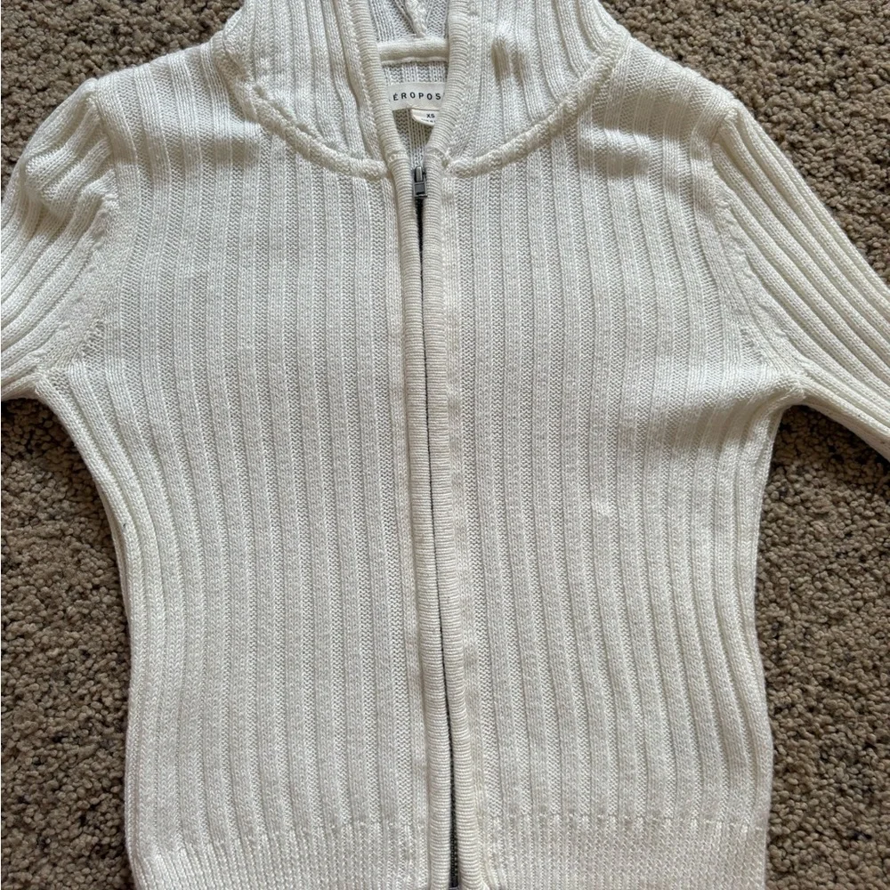Aeropostale White Ribbed Hooded Cardigan - Picture 2 of 3